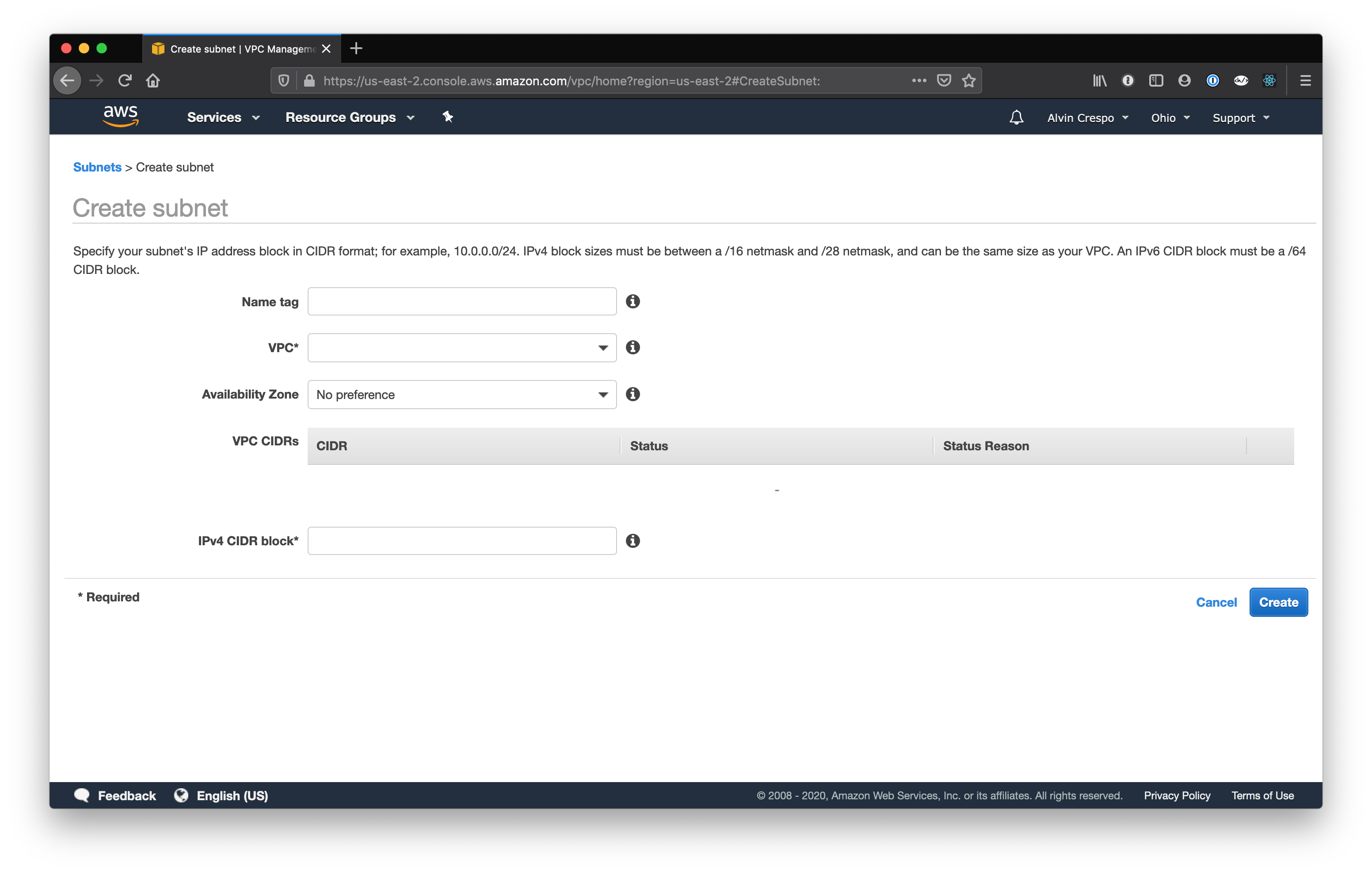 AWS Console / Virtual Private Cloud / Subnets / Create Subnet Screen