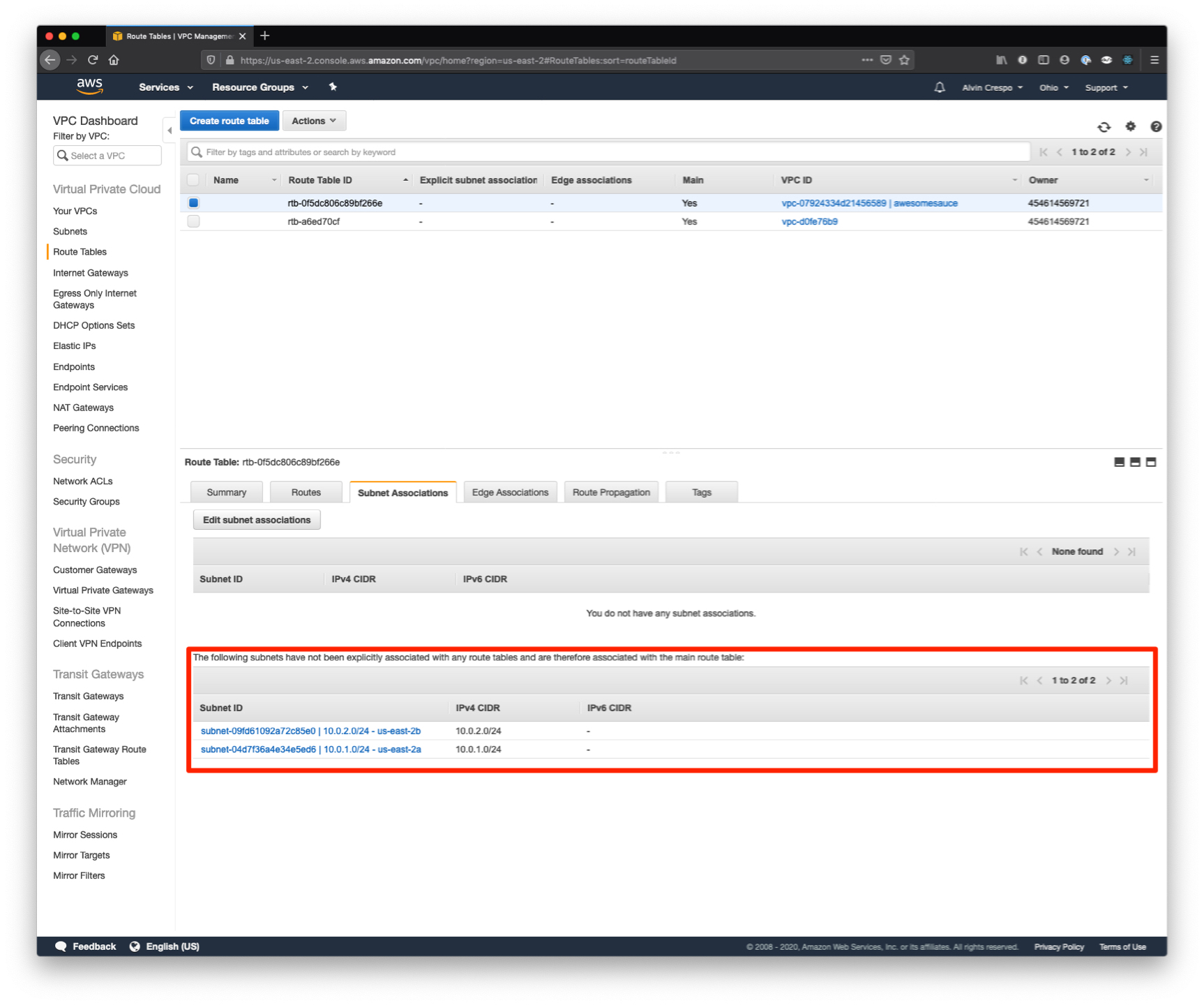 AWS Console / Virtual Private Cloud / Route Tables / Main Route Table Subnet Associations