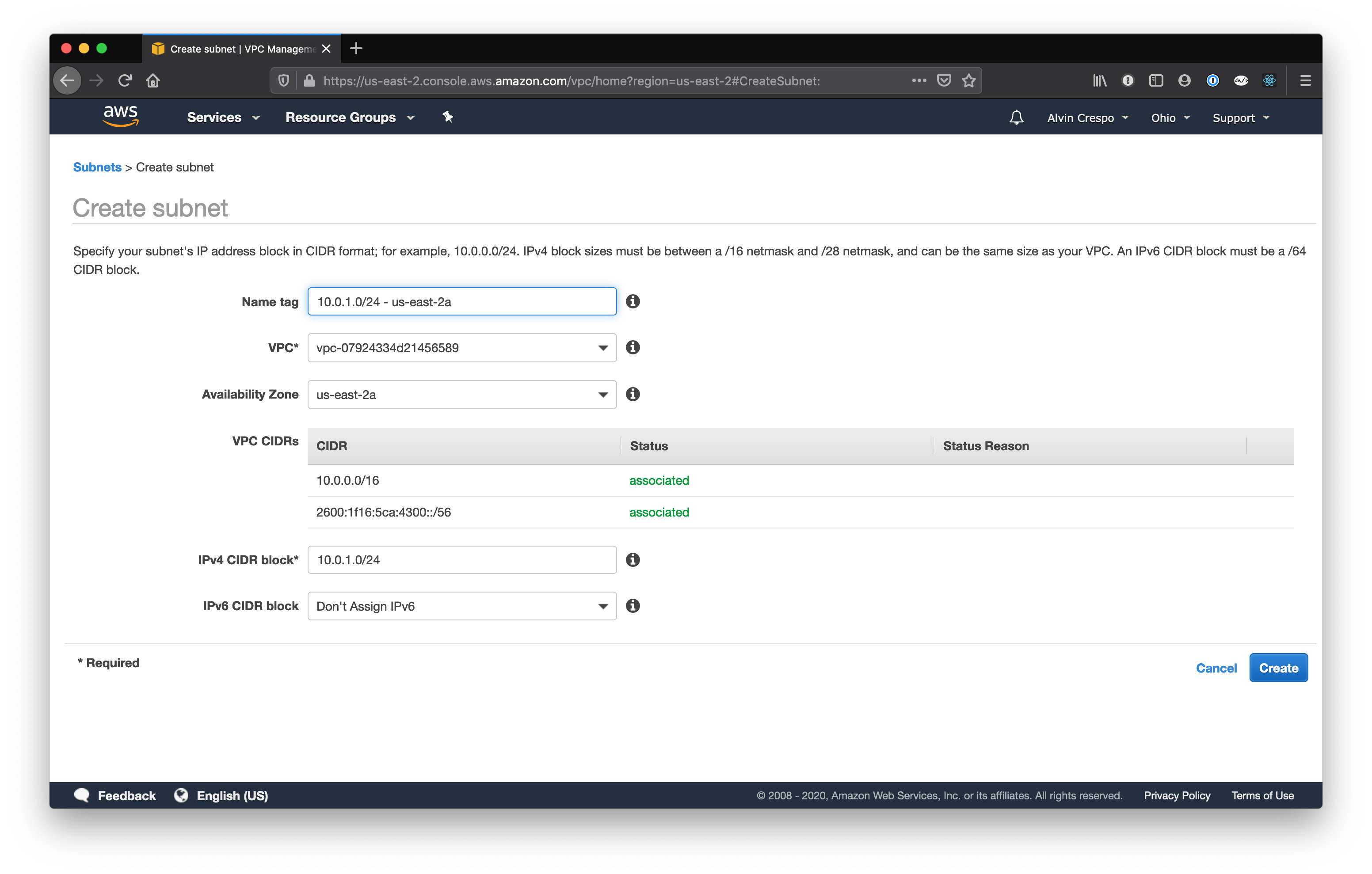 AWS Console / Virtual Private Cloud / Subnets / Create Subnet Screen / Filled In