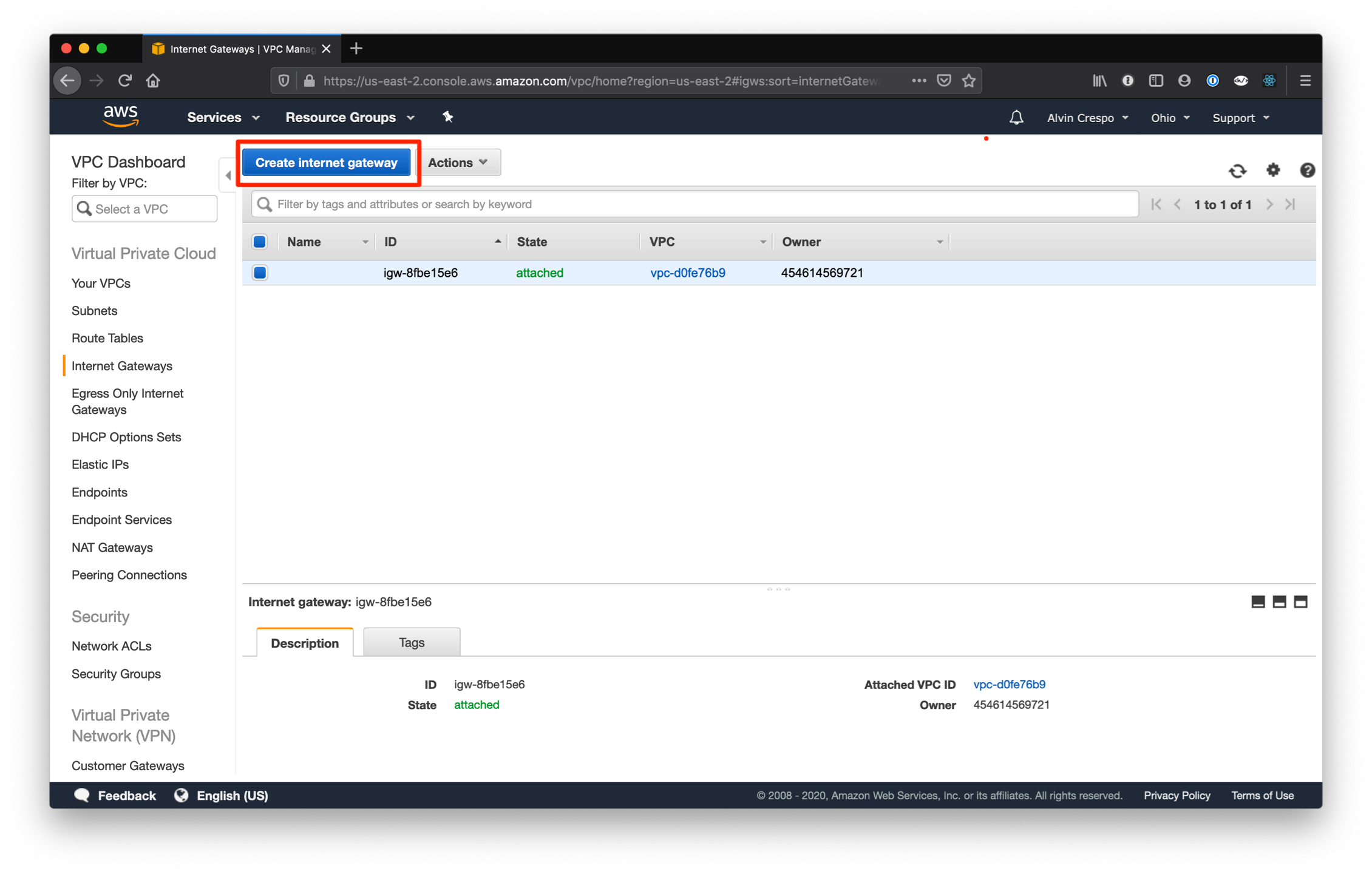 AWS Console / Virtual Private Cloud / Internet Gateways / Create Internet Gateway Button