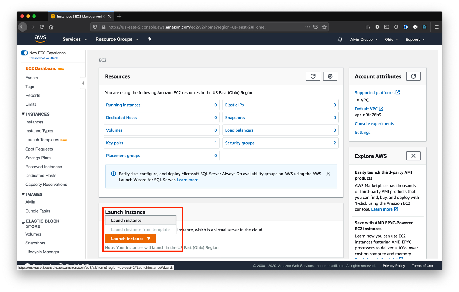 AWS Console / EC2 / Launch Instance button