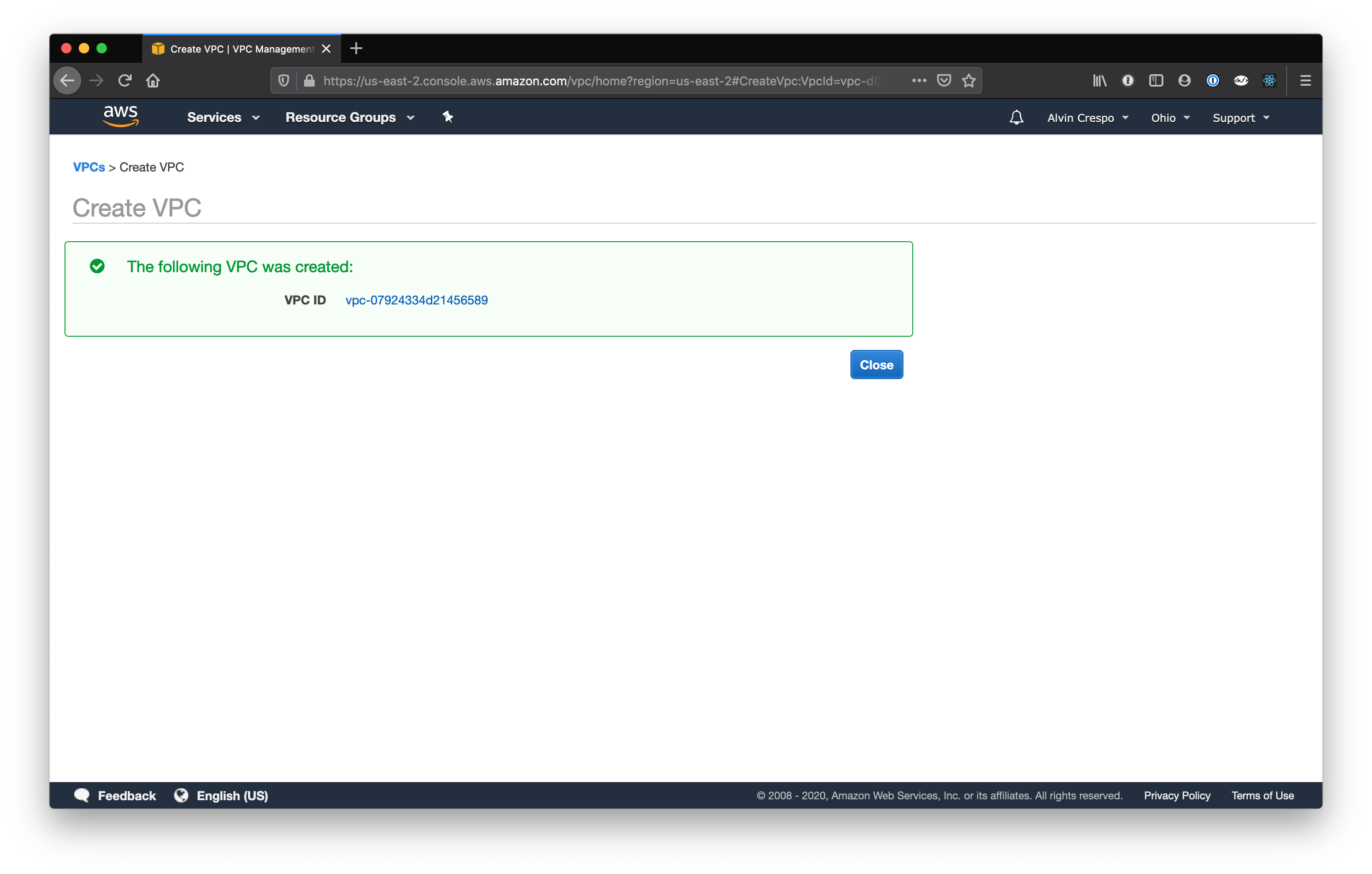 AWS Console / Virtual Private Cloud / Create VPC / Success