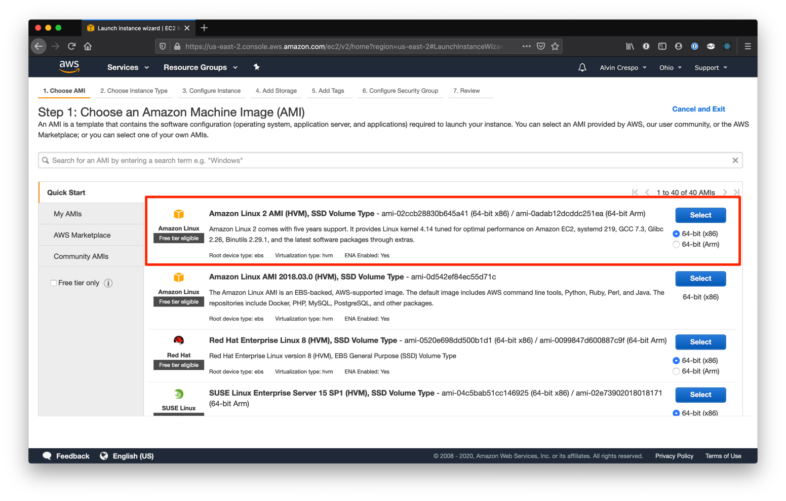 AWS Console / EC2 / Launch Instance / Choose AMI