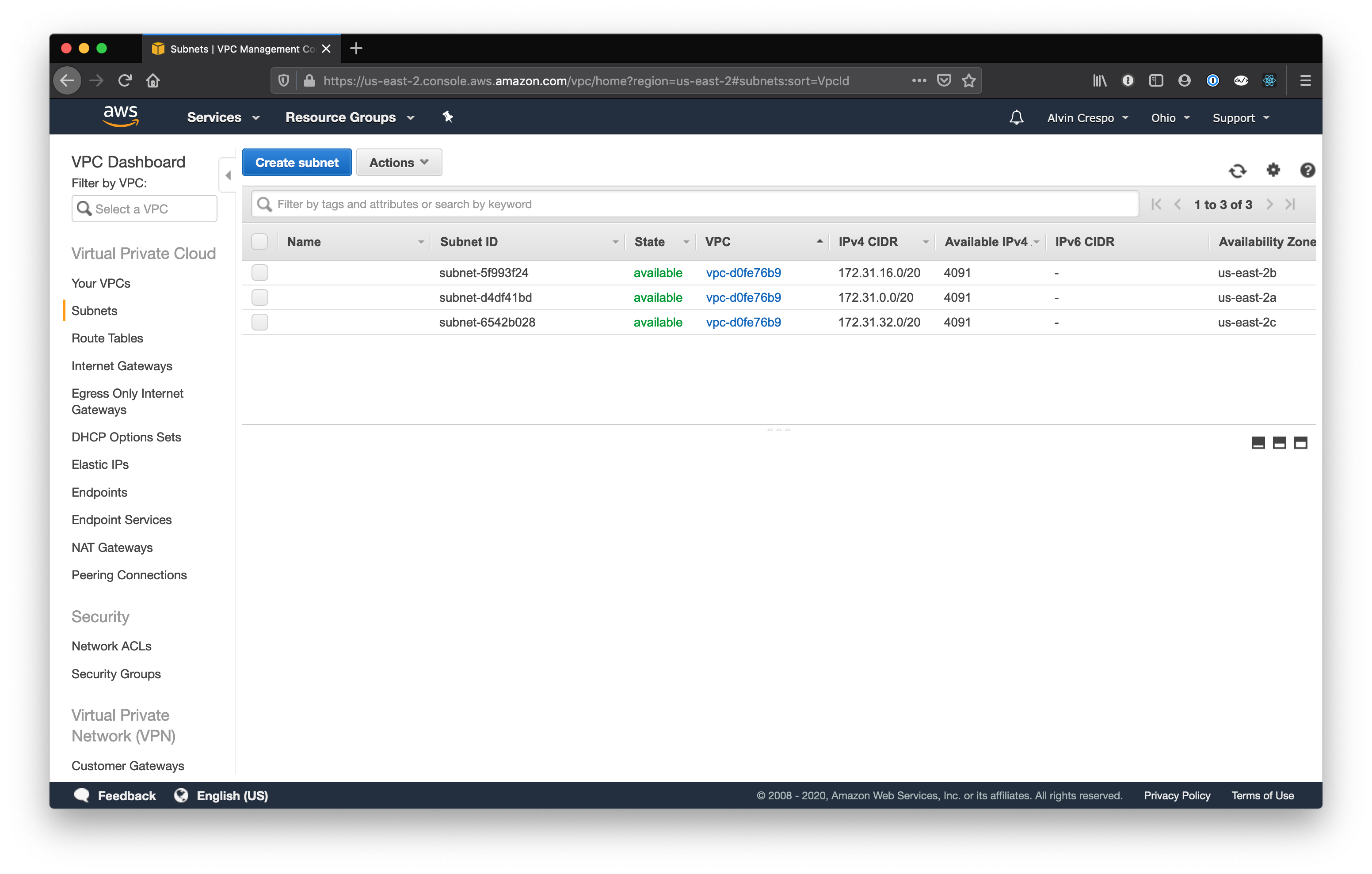 AWS Console / Virtual Private Cloud / Subnets