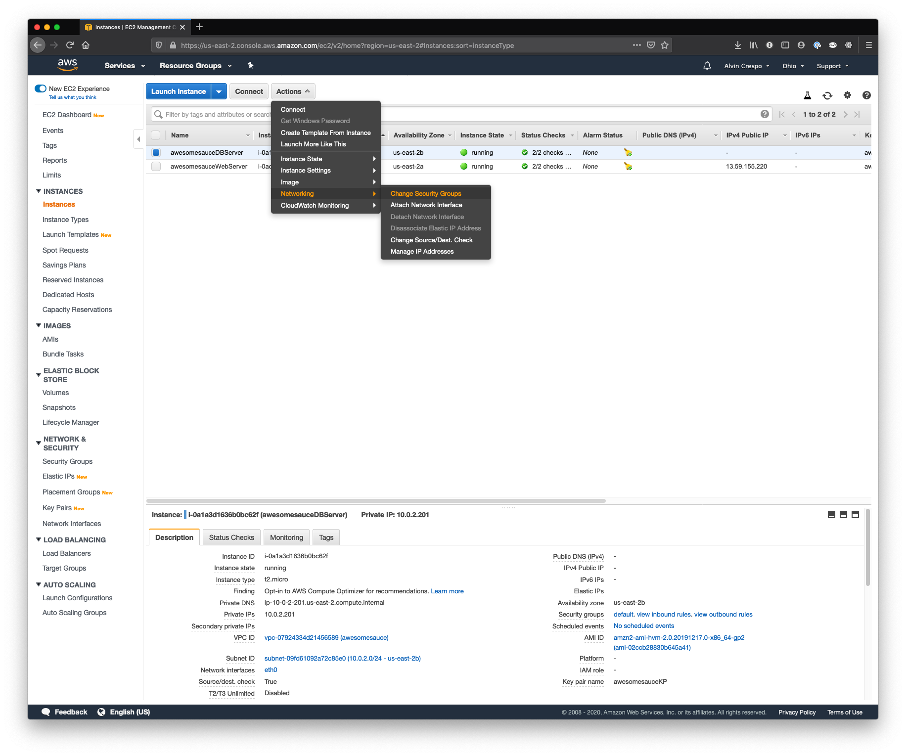 AWS Console / EC2 / Instances / Change Security Group Action in Dropdown.png