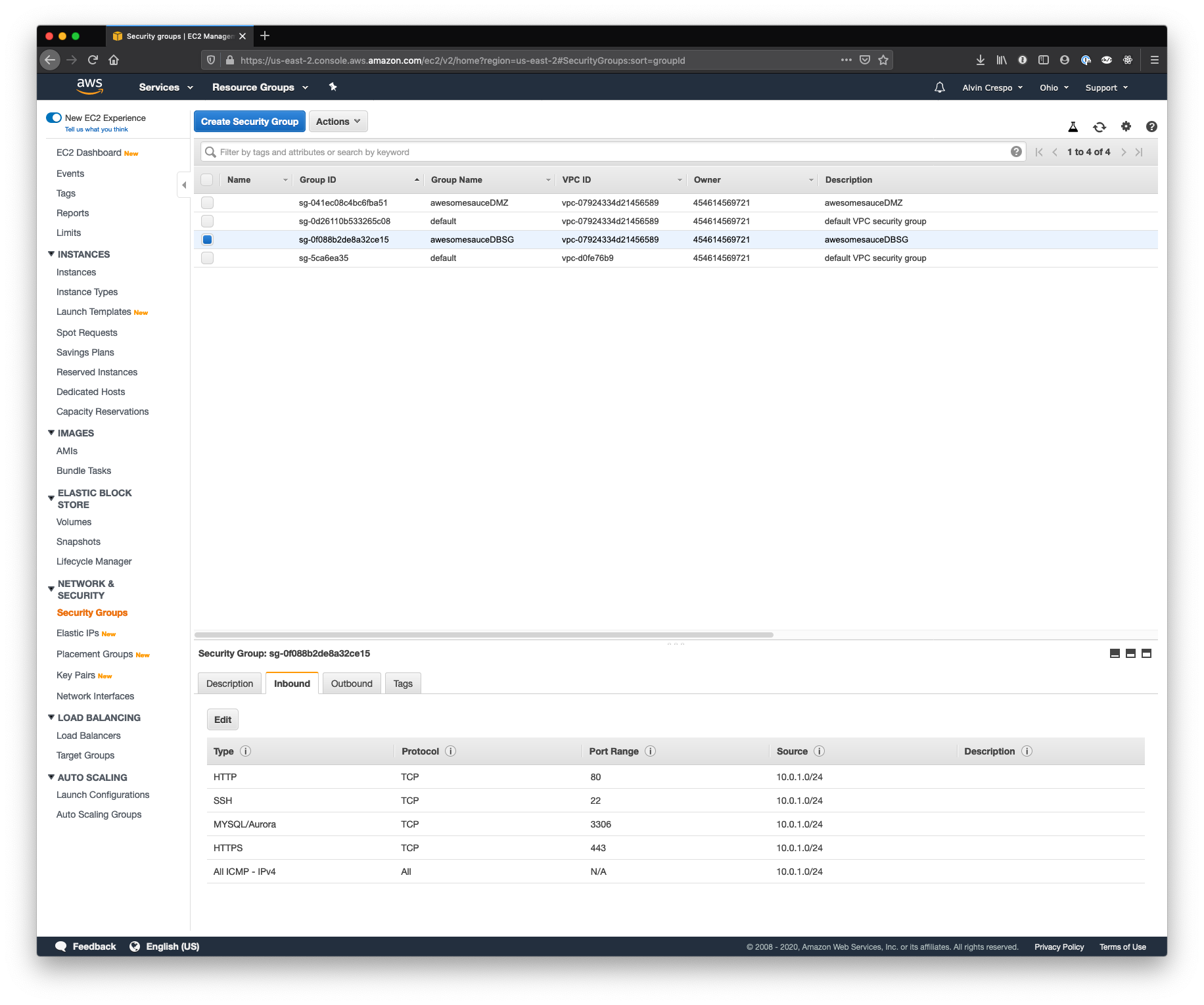 AWS Console / EC2 / Security Groups / Table with New Security Group