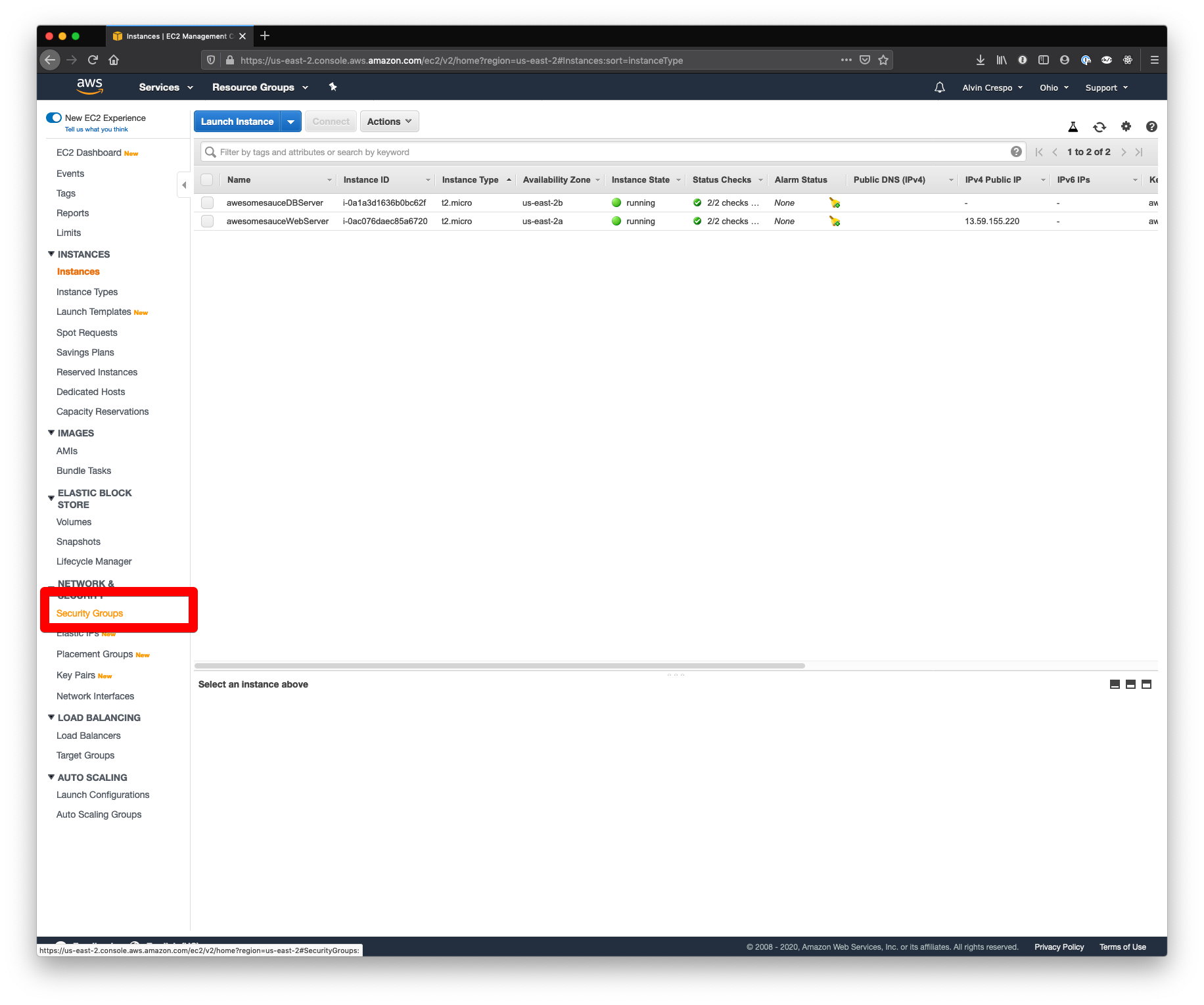 AWS Console / EC2 / Security Groups Sidebar Link