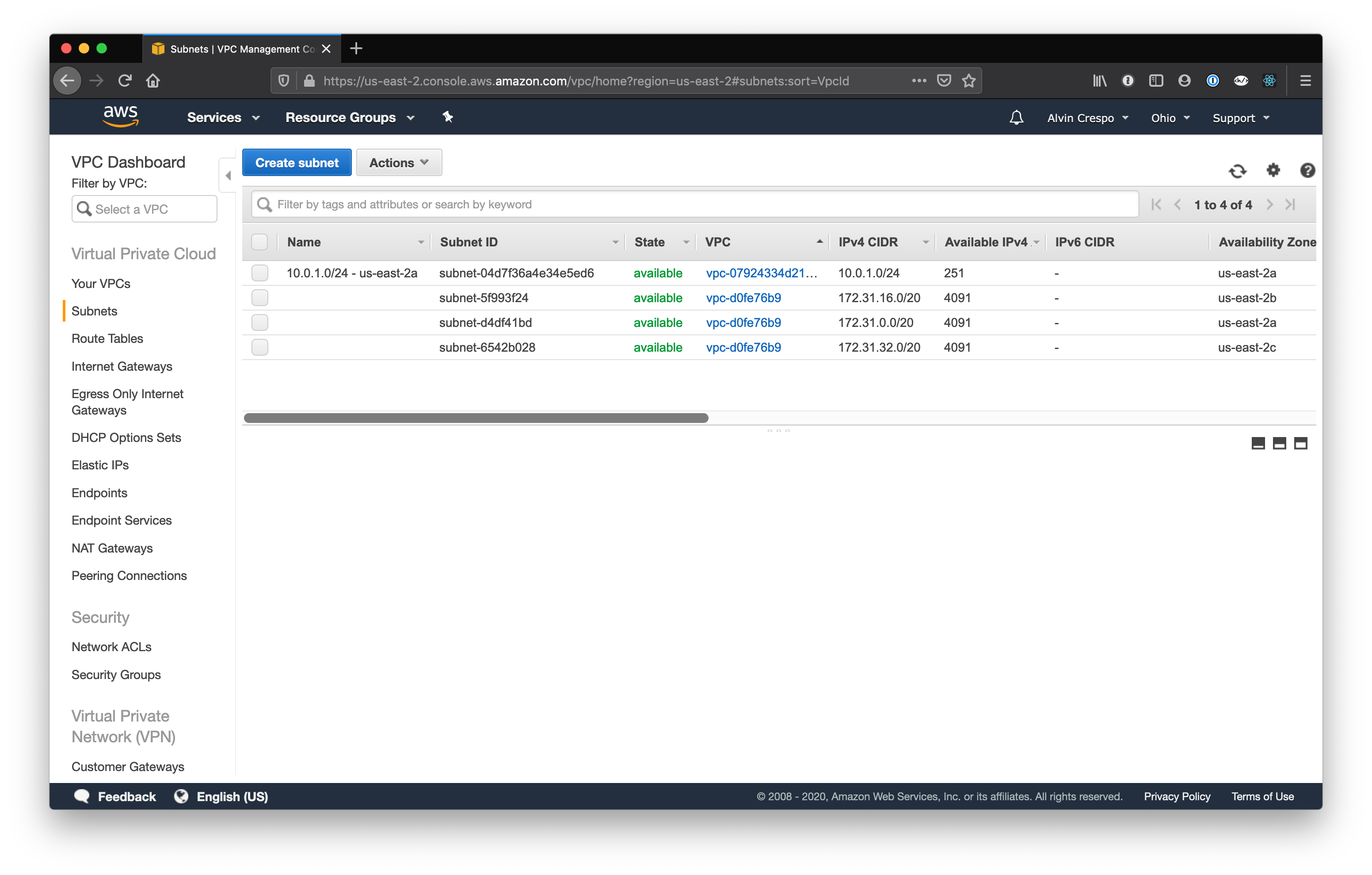 AWS Console / Virtual Private Cloud / Subnets / Subnets / With New Subnet