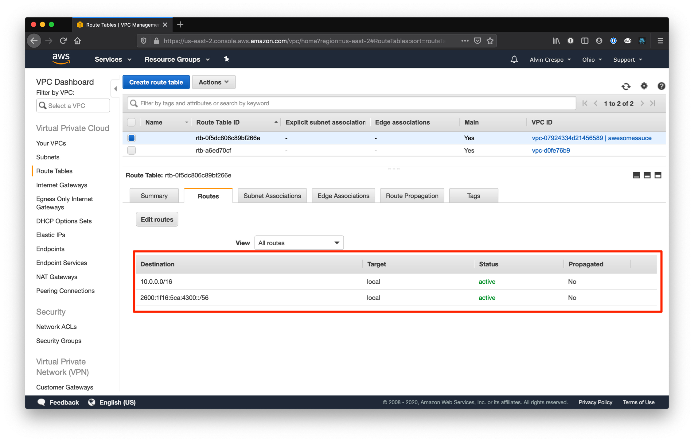 AWS Console / Virtual Private Cloud / Route Tables / Main Route Table Routes