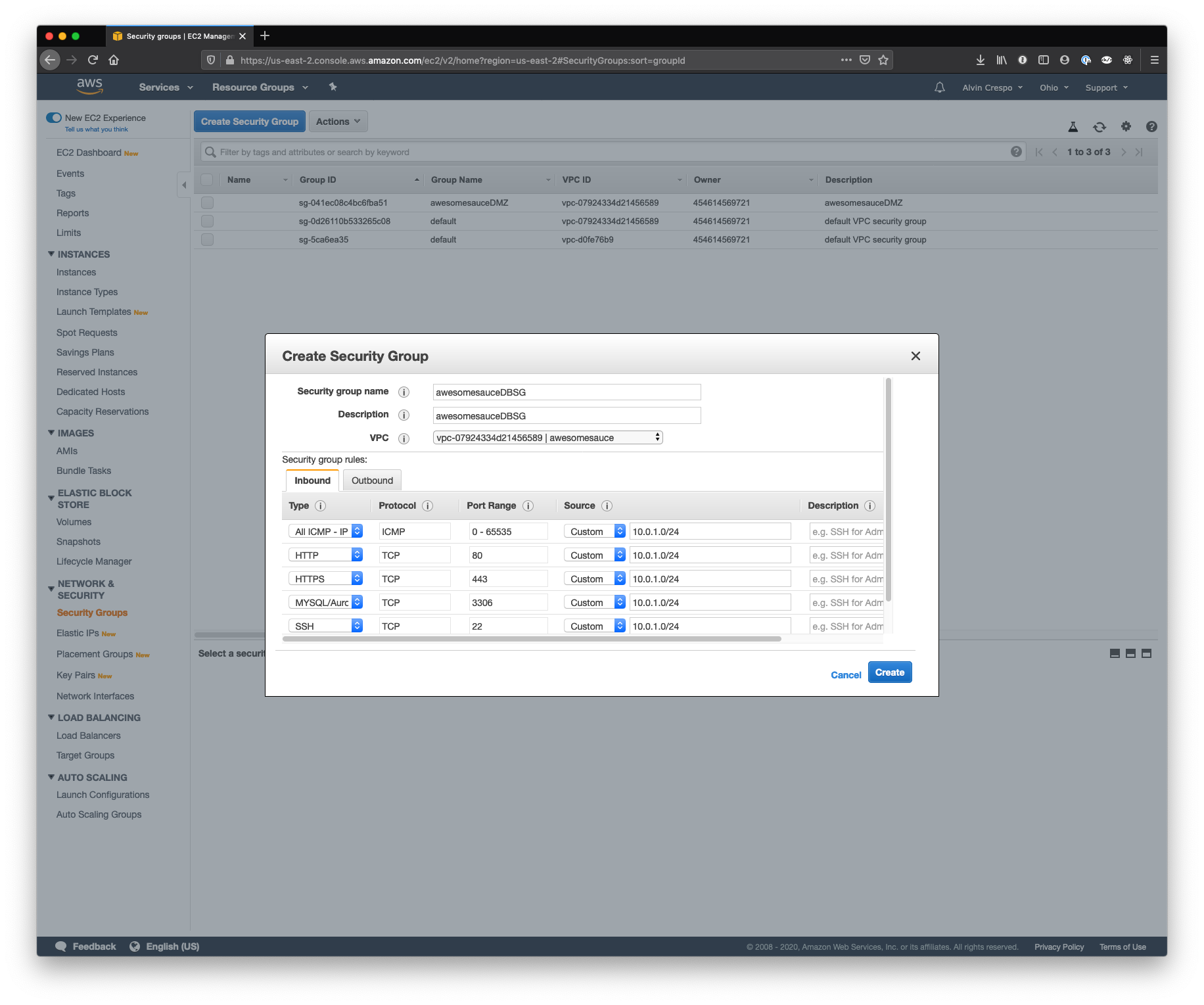 AWS Console / EC2 / Security Groups / Create Security Group Modal Values