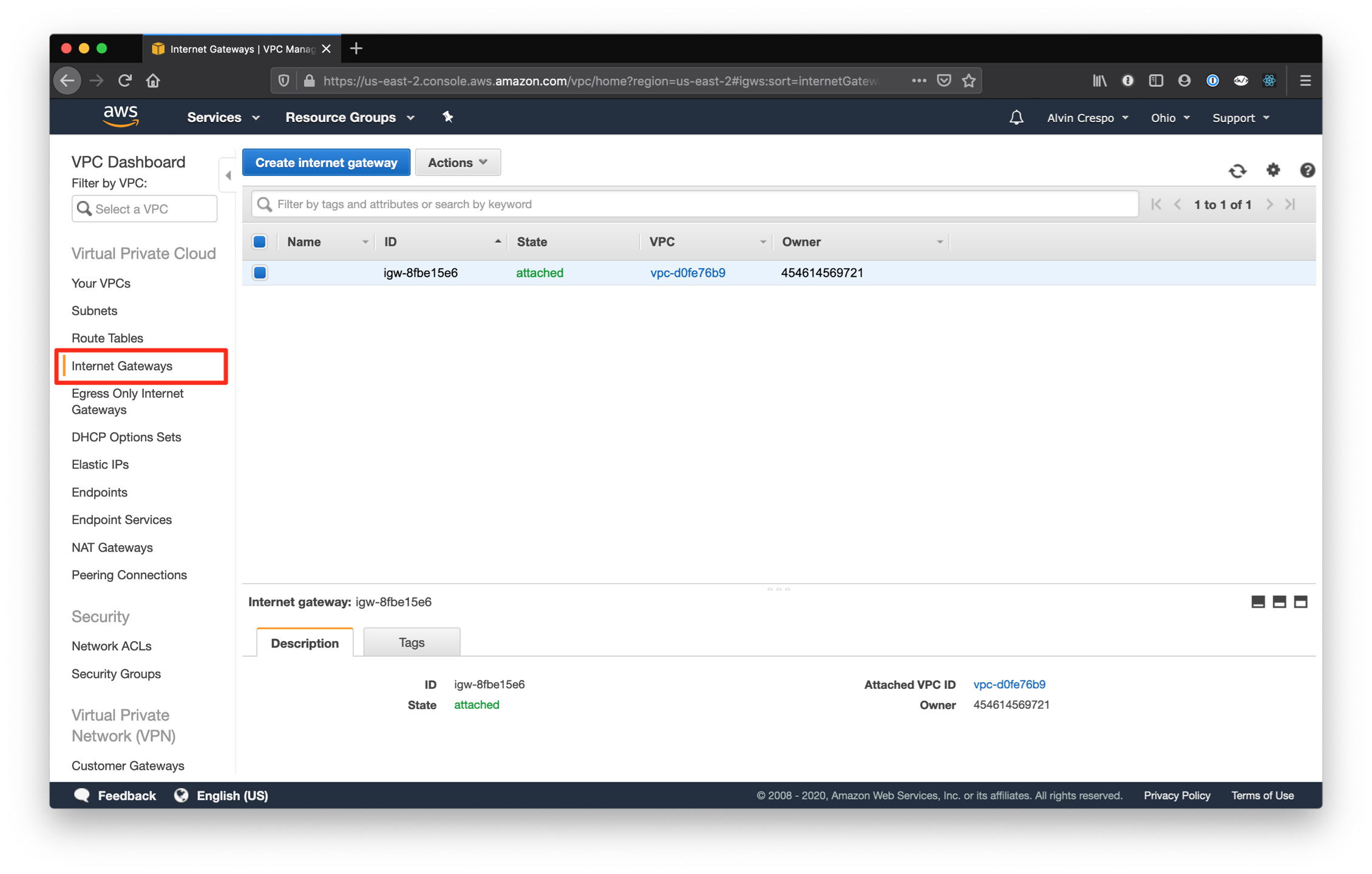 AWS Console / Virtual Private Cloud / Internet Gateways / Sidebar