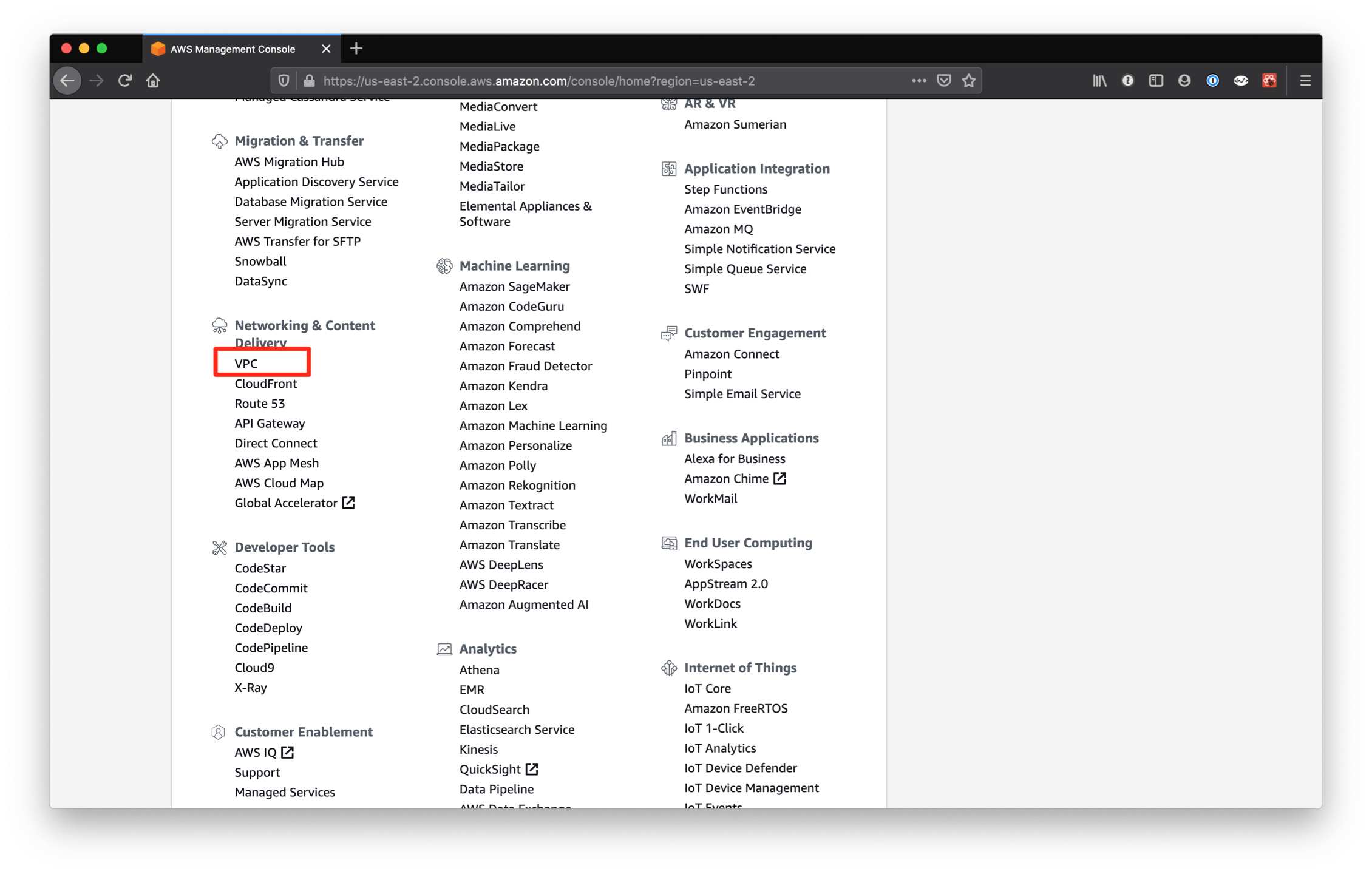 AWS Console Menu / Networking & Content Delivery / VPC