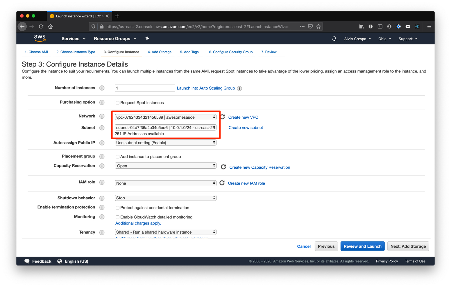 AWS Console / EC2 / Launch Instance / Configure Instance