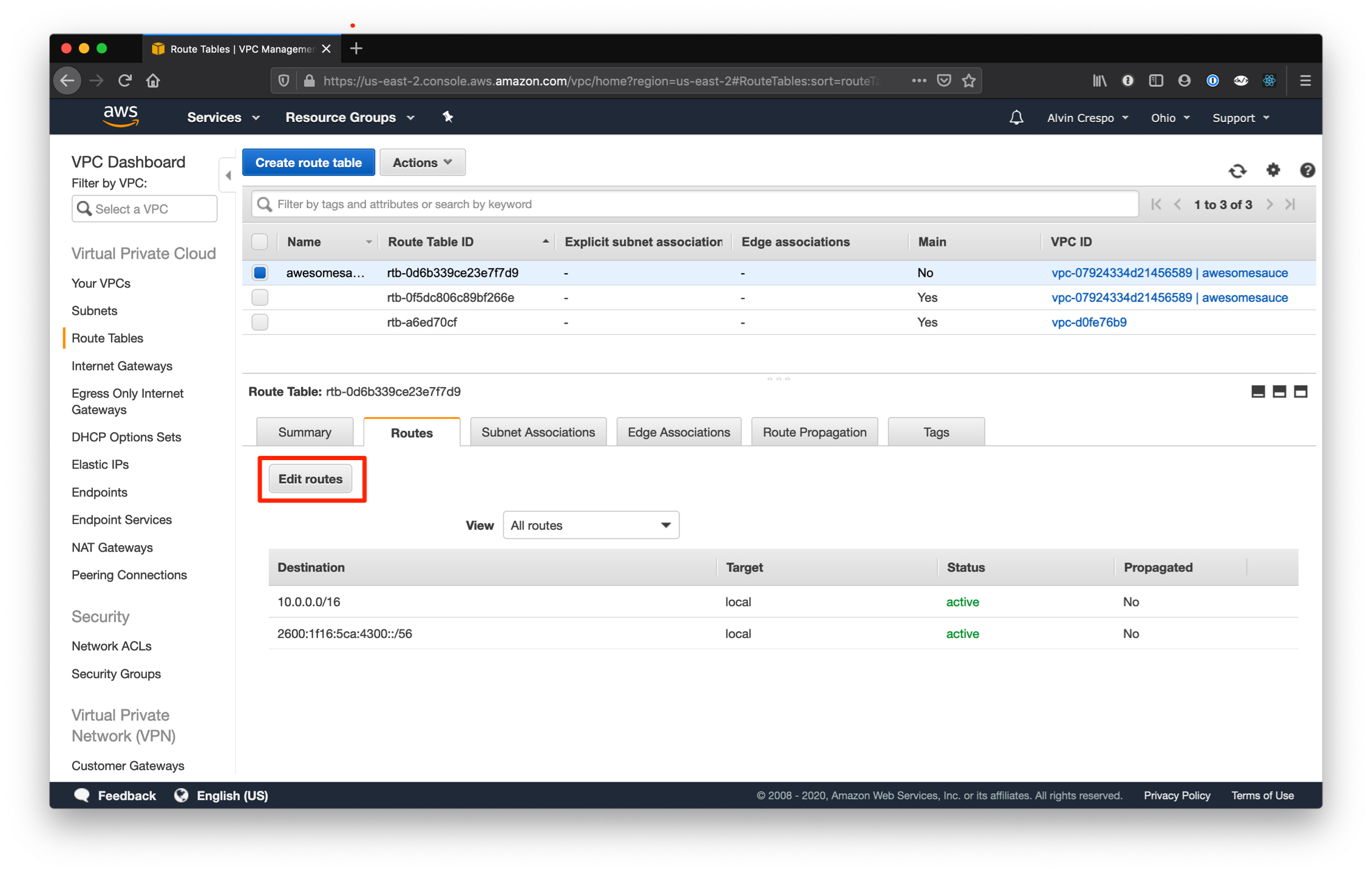 AWS Console / Virtual Private Cloud / Route Tables / New Route Table / Edit Routes Button