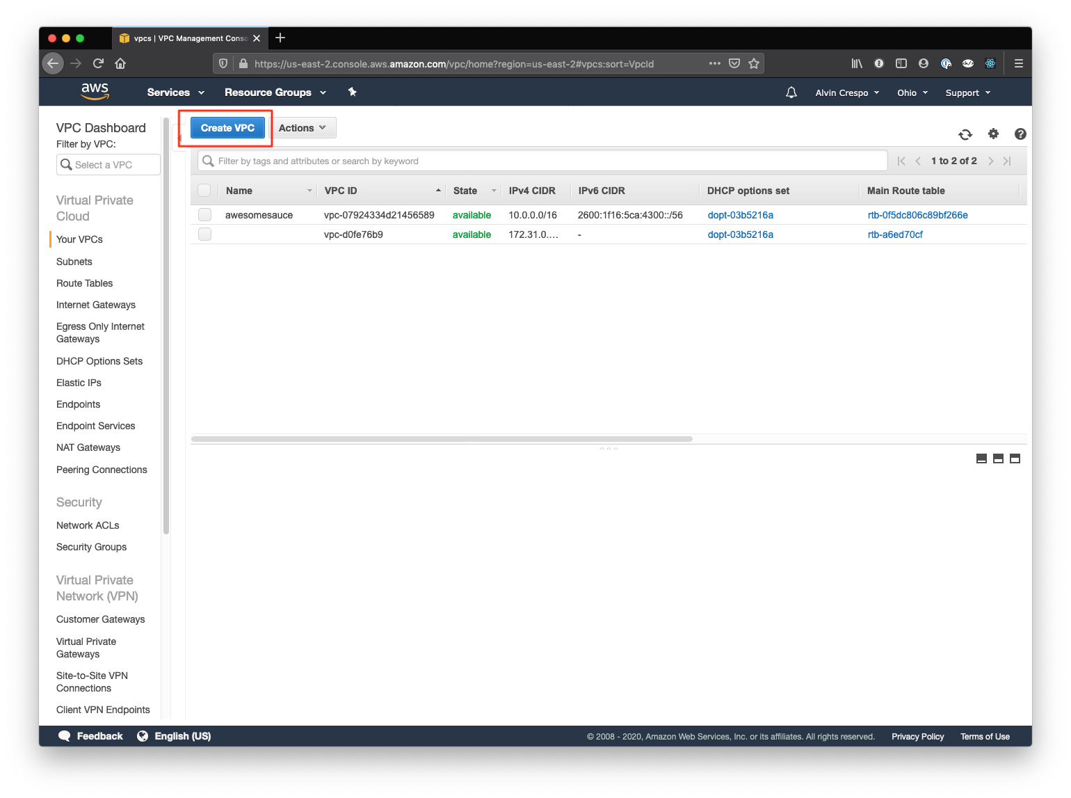 AWS Console / Virtual Private Cloud / Your VPC's / Create VPC