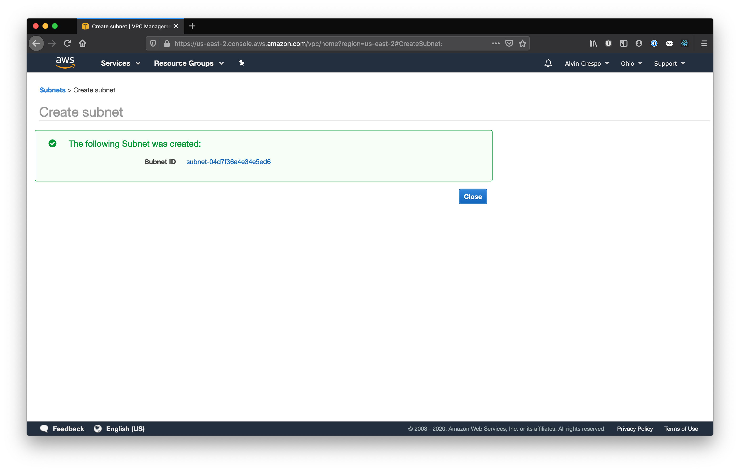 AWS Console / Virtual Private Cloud / Subnets / Create Subnet / Success