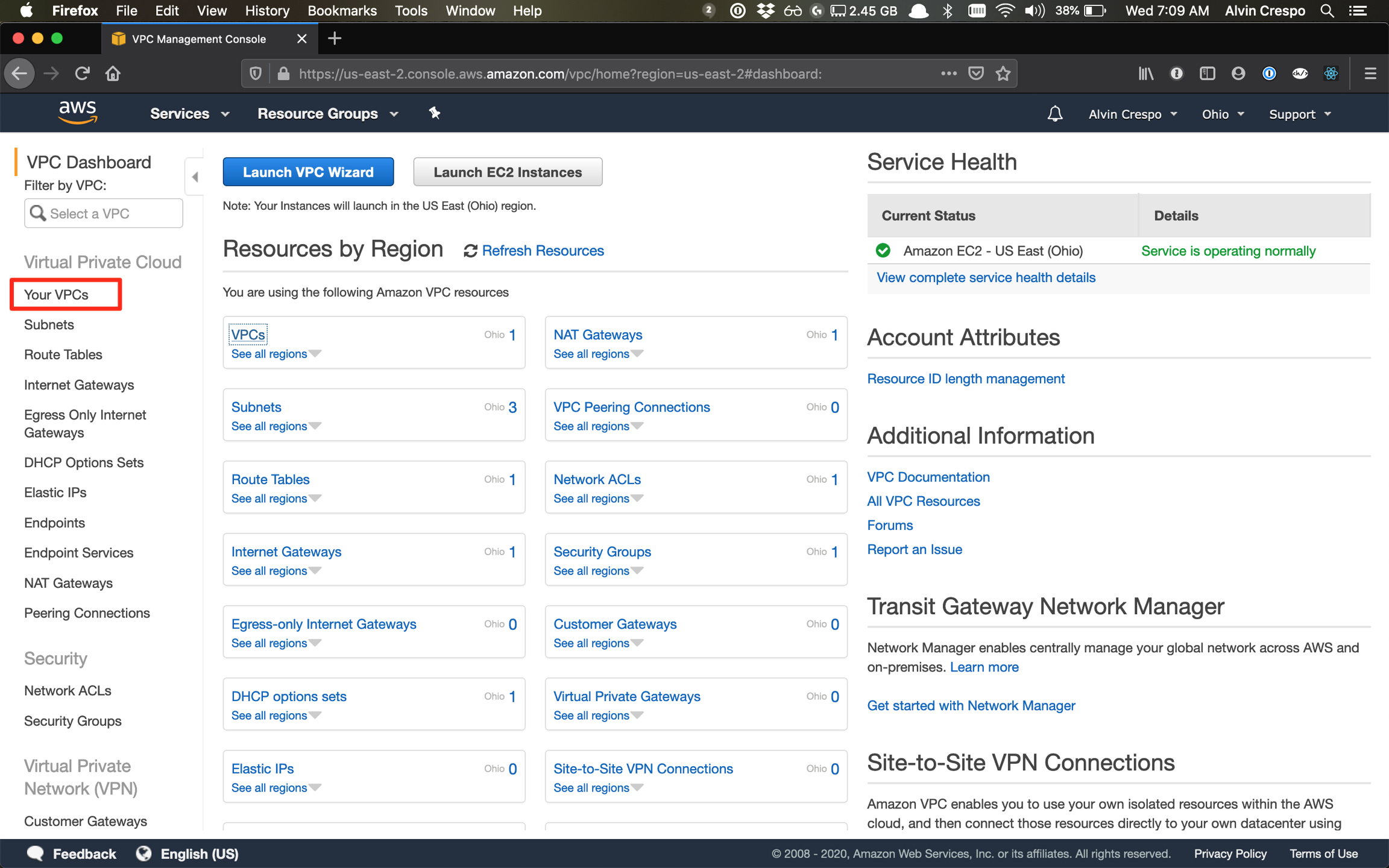 AWS Console / Virtual Private Cloud / Your VPC's