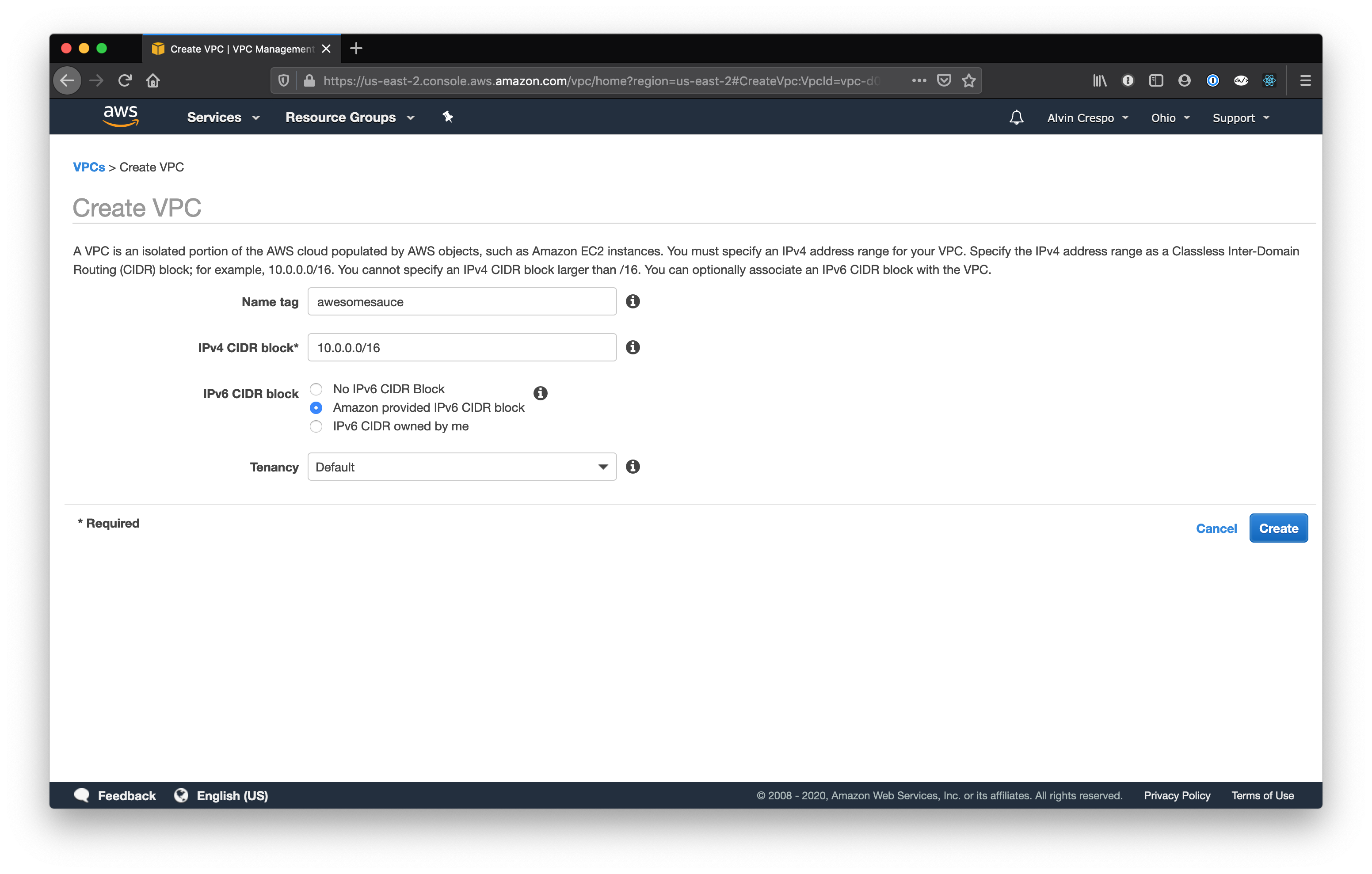AWS Console / Virtual Private Cloud / Create VPC